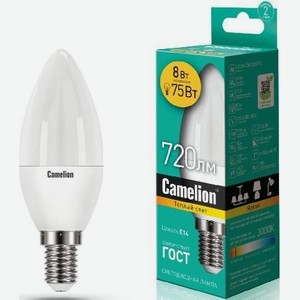 Лампа светодиодная Камелион 8Вт Е14 свеча теплый с