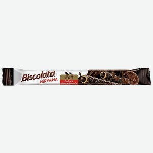 Вафельные трубочки Biscolata с темным шоколадом, ореховой начинкой и кусочками печенья.