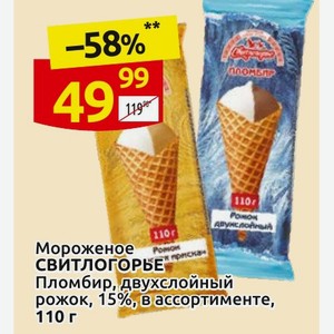 Мороженое СВИТЛОГОРБЕ Пломбир, двухслойный рожок, 15%, в ассортименте, 110 г