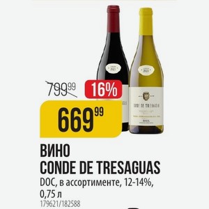 Вино CONDE DE TRESAGUAS DOC, в ассортименте, 12-14%, 0,75 л