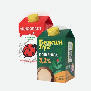 Ряженка БЕЖИН ЛУГ 3.2%, 450гр/Напиток ацидофильный БОЖЬЯ КОРОВКА 450гр