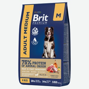 Корм сухой для собак Brit Premium с индейкой и телятиной Dog Adult Medium, 8 кг