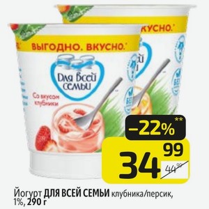 Йогурт ДЛЯ ВСЕЙ СЕМЬИ клубника/персик, 1%, 290 г