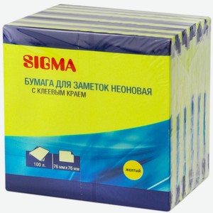 SIGMA Бумага для заметок с клеевым краем ярко-желтая неоновая 7.6 х 7.6см 100 листов, 6шт Россия