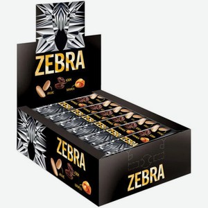 Батончик вафельный глазированный ZEBRA с изюмом и арахисом в мягкой карамели,40г,в шоубоксе,ш/к39485