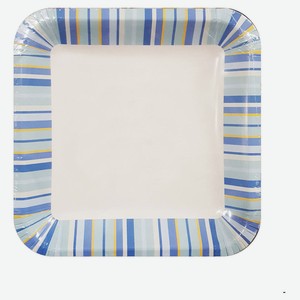 Тарелка одноразовая бумажная Квадрат 20х20 см голубые полоски, 6 шт