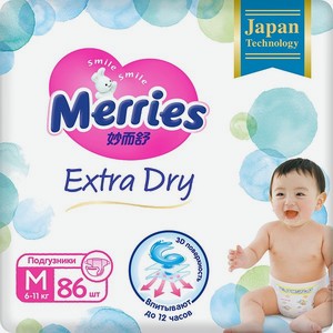 Подгузники Merries Extra Dry M 6-11кг 86шт