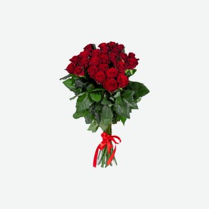 25 высоких красных роз 80 см с шелковой лентой