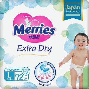Подгузники Merries Extra Dry L 9-14кг 72шт