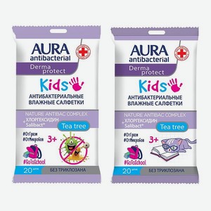 Салфетки влажные AURA Antibacterial kids 20шт в ассортименте