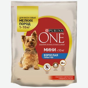 Корм 0,6 кг ONE MINI для взрослых собак мелких пород говядина и рис дой-пак
