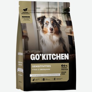 GO KITCHEN утка с овощами, полнорационный беззерновой сухой корм для щенков и собак всех возрастов с уткой для чувствительного пищеварения (1,59 кг)