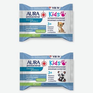 Салфетки влажные AURA Antibacterial kids 15шт в ассортименте