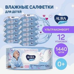 Влажные салфетки AURA для детей с экстрактом алоэ и витамином Е с крышкой 120х12шт