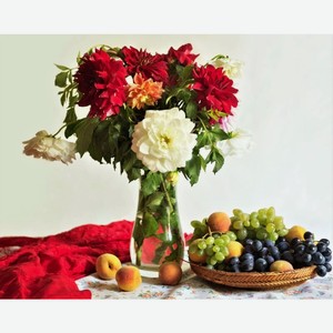 Картина по номерам 30х40 см Букет цветов, виноград и персики Х-1755