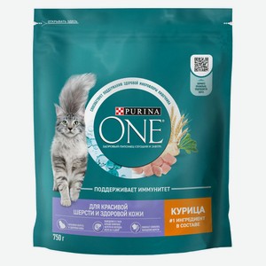Сухой корм для кошек Purina ONE для красивой шерсти здоровой кожи и контроля образования волосяных комков с курицей, 750 г