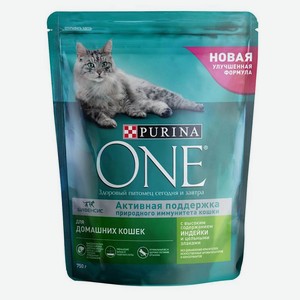Корм 0,75 кг ONE Для домашних кошек индейка и злаки дой-пак