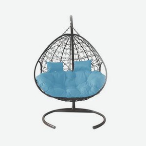 Кресло подвесное  Для двоих  с ротангом коричневое, голубая и бежевая подушки