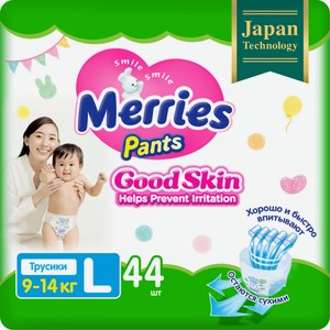 Подгузники трусики Merries Good Skin L 9-14кг, 44шт Индонезия