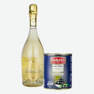 Безалкогольное Игристое Вино Bottega Белое 0,75 л и Маслины Federici Супергигант с косточкой 820 гр