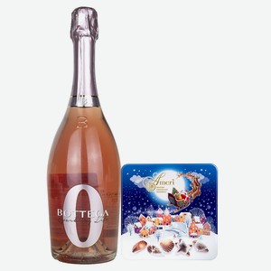 Безалкогольное Игристое Вино Bottega Розовое 0,75 л и Конфеты Ameri в Новогодней Жестяной Коробке 500 гр