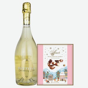 Безалкогольное Игристое Вино Bottega Белое 0,75 л и Конфеты Ameri в Розовой упаковке 250 гр
