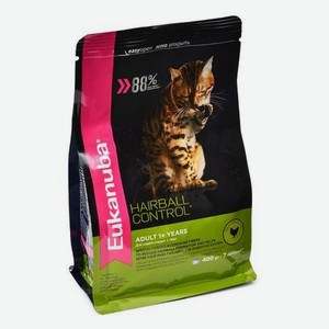 Корм сухой для кошек Eukanuba Cat Hairball 400г с домашней птицей для вывода шерсти из желудка