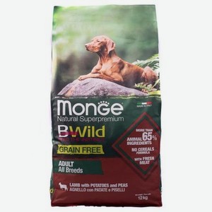 Корм для собак MONGE BWild Grain free из мяса ягненка с картофелем и горохом 12кг