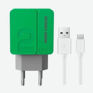 Сетевое зарядное устройство More choice 2USB 2.4A для Type-C NC46a 1м (Green)