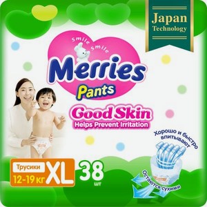 Подгузники-трусики Merries Good skin XL 12-19 кг, 38 шт