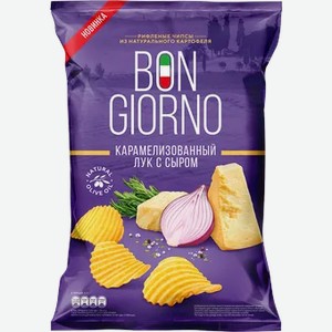 Рифленые чипсы Bon Giorno со вкусом карамелизованный лук с сыром, 90 г