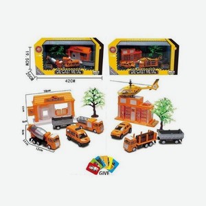Набор Строительная техника с аксессуарами в коробке в н-ре:3 машины,прицеп,станция,деревья 889-259