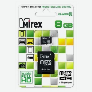 Карта памяти Mirex MicroSDHC 8Gb Class 10 13613-AD10SD08 + adapter