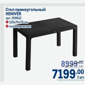 Стол прямоугольный HENIVER 120x70x75 см полипропилен