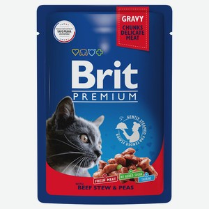 Брит 85г Premium Пауч Говядина и Горошек в соусе для взрослых кошек