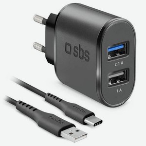 Сетевое зарядное устройство SBS 2 USB порта, 2.1А + кабель USB Type-C, чёрный (TEKITTRC2U2AFASTK)