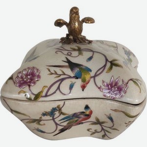 Шкатулка Glasar бежевая с бронзовой птичкой на крышке и цветочным декором 15x15x13 см