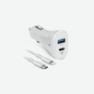 Автомобильное зарядное устройство SBS USB/Type-C PD порты, 18Вт+ кабель Lightning/Type-C, белый (TECRKITPD18LIGW)