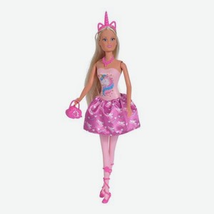 Кукла Штеффи в розовом платье с принтом единорог 29 см