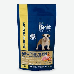 Brit Premium Dog Junior Medium. Полнорационный сухой корм премиум-класса с курицей для молодых собак