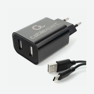 Сетевое зарядное устройство Cablexpert MP3A-PC-37 USB 2 порта, 2.4A, черный + кабель 1м Type-C