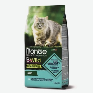Корм сухой MONGE Cat BWild Grain Free, треска,картофель,чечевица для кошек 1,5кг