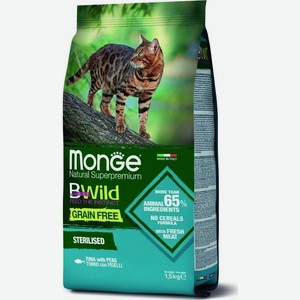 Корм сухой MONGE Cat BWild Grain Free, тунец,горох для стерилизованных кошек 1,5кг
