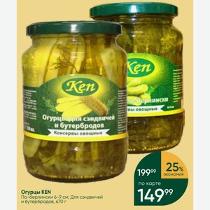 Огурцы KEN По-берлински 6-9 см; Для сэндвичей и бутербродов, 670 г