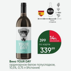 Вино YOUR DAY ординарное белое полусладкое, 10,5%, 0,75 л (Испания)