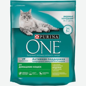 Корм PURINA ONE сухой корм для взрослых кошек, живущих в домашних условиях, с высоким содержанием индейки и цельными злаками (200 г)