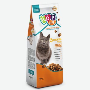 Hop Life сухой корм для взрослых кошек, с курицей (15 кг)