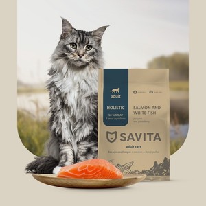 Корм SAVITA беззерновой корм для взрослых кошек с лососем и белой рыбой (400 г)