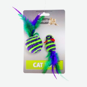 Papillon игрушка для кошек  Мышка и мячик с перьями  5+4 см пушистые в полоску (16 г)