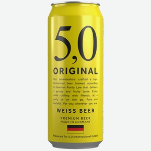 Пиво светлое 5 Original Weiss нефильтрованное пшеничное (Германия), 0,5л